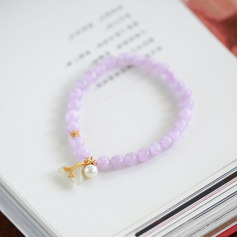 天然6MM紫锂辉手链S925银淡水珍和田玉珠美人鱼尾手串