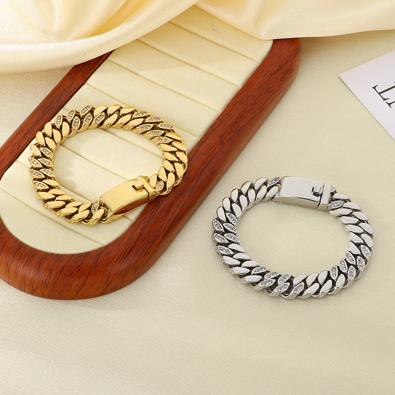 Fashion Trend Creative Design Diamond-encrusted Stainless Steel Cuban Chain Bracelet Vacuum Plated 18k Gold Couple Bracelet
