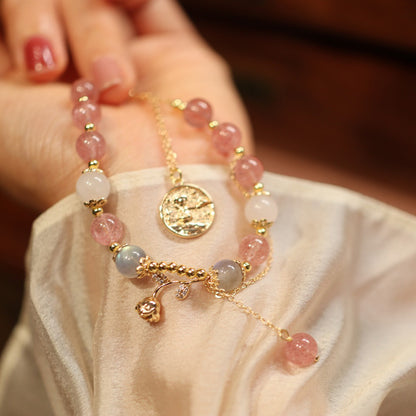 天然8MM草莓晶玉兔手链女桃花朵朵开小兔子本命年生肖水晶手链