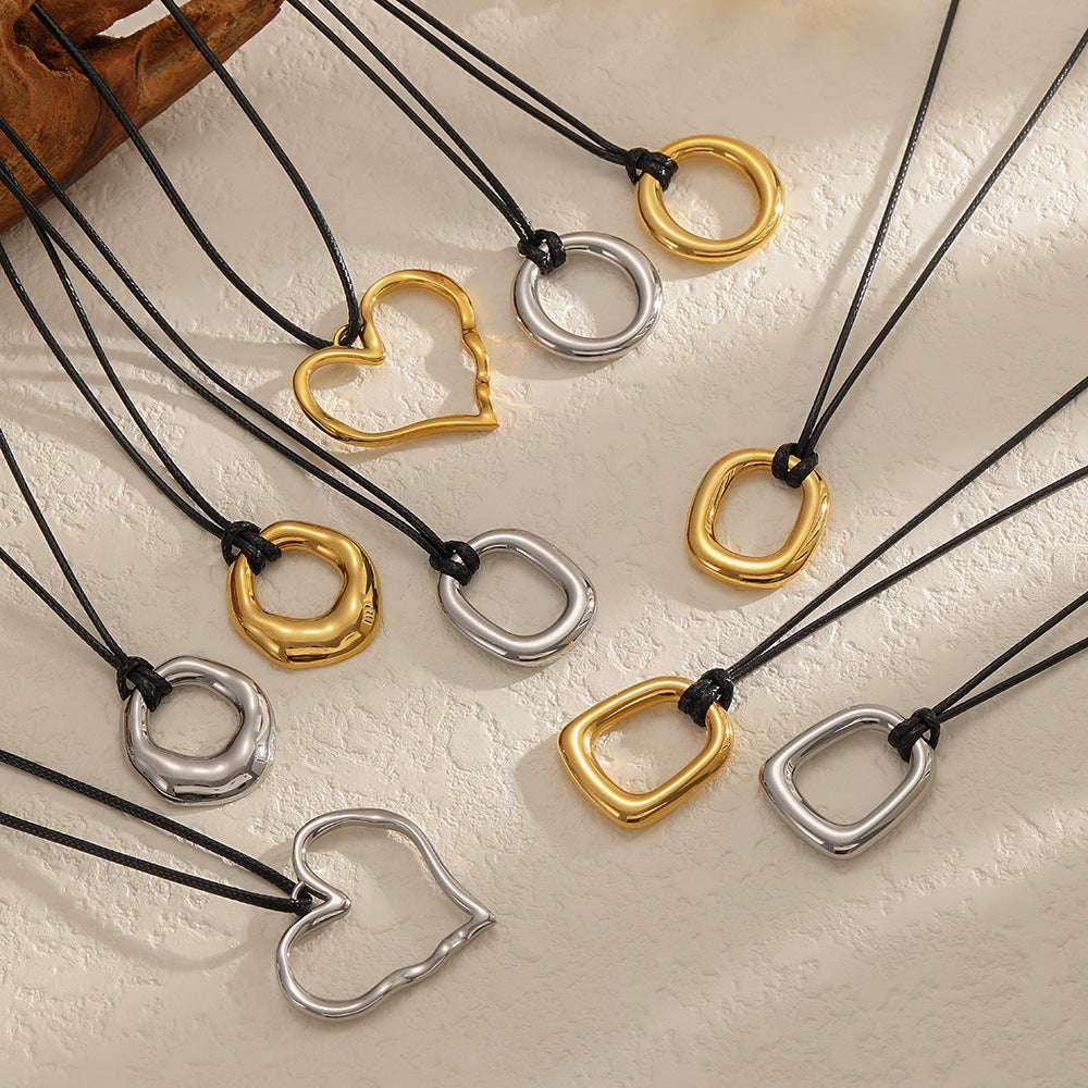Cross-border European and American personalized retro wax rope sweater chain stainless steel heart-shaped O-shaped pendant long hollow necklace versatile