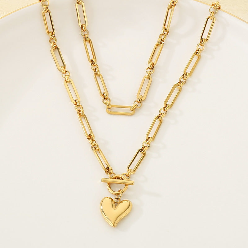 European and American fashion three-dimensional heart-shaped OT buckle paperclip chain titanium steel bracelet personalized love pendant necklace women's jewelry