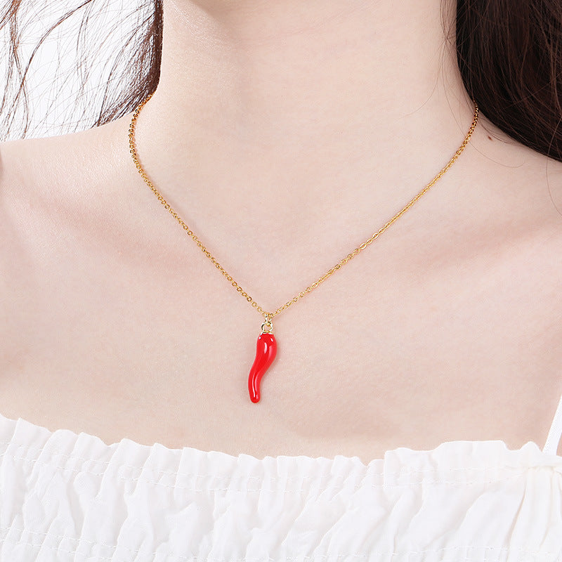 Mini Enamel Chili & Veggie Charm Gold Necklace