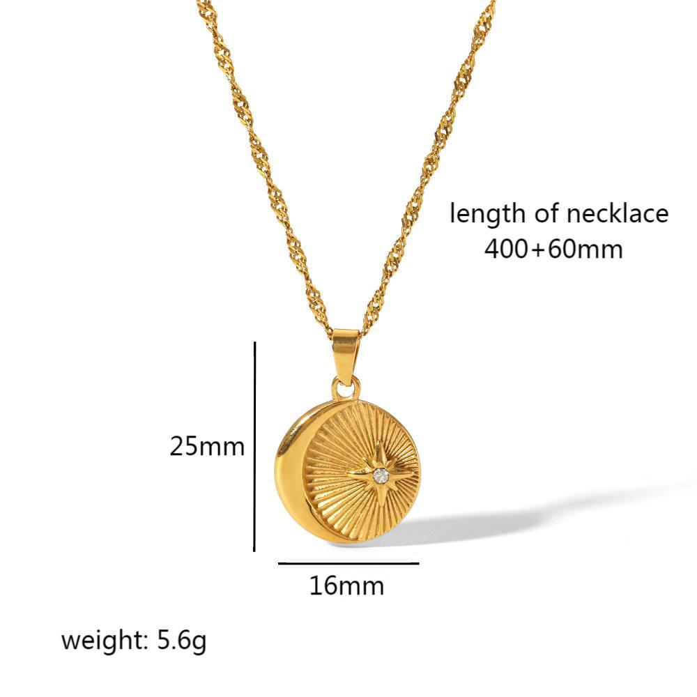 European and American light luxury titanium steel women's necklace 18K gold stainless steel diamond octagram moon pendant high-end sense item decoration