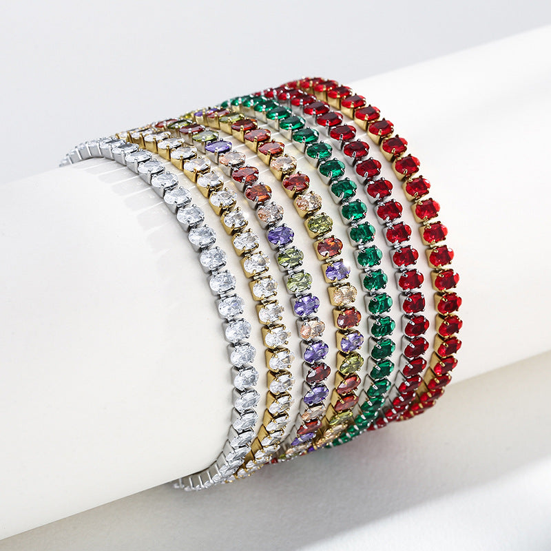 Light luxury Mori series simple and versatile color zircon bracelet female, fashionable titanium steel square chain splicing full diamond bracelet