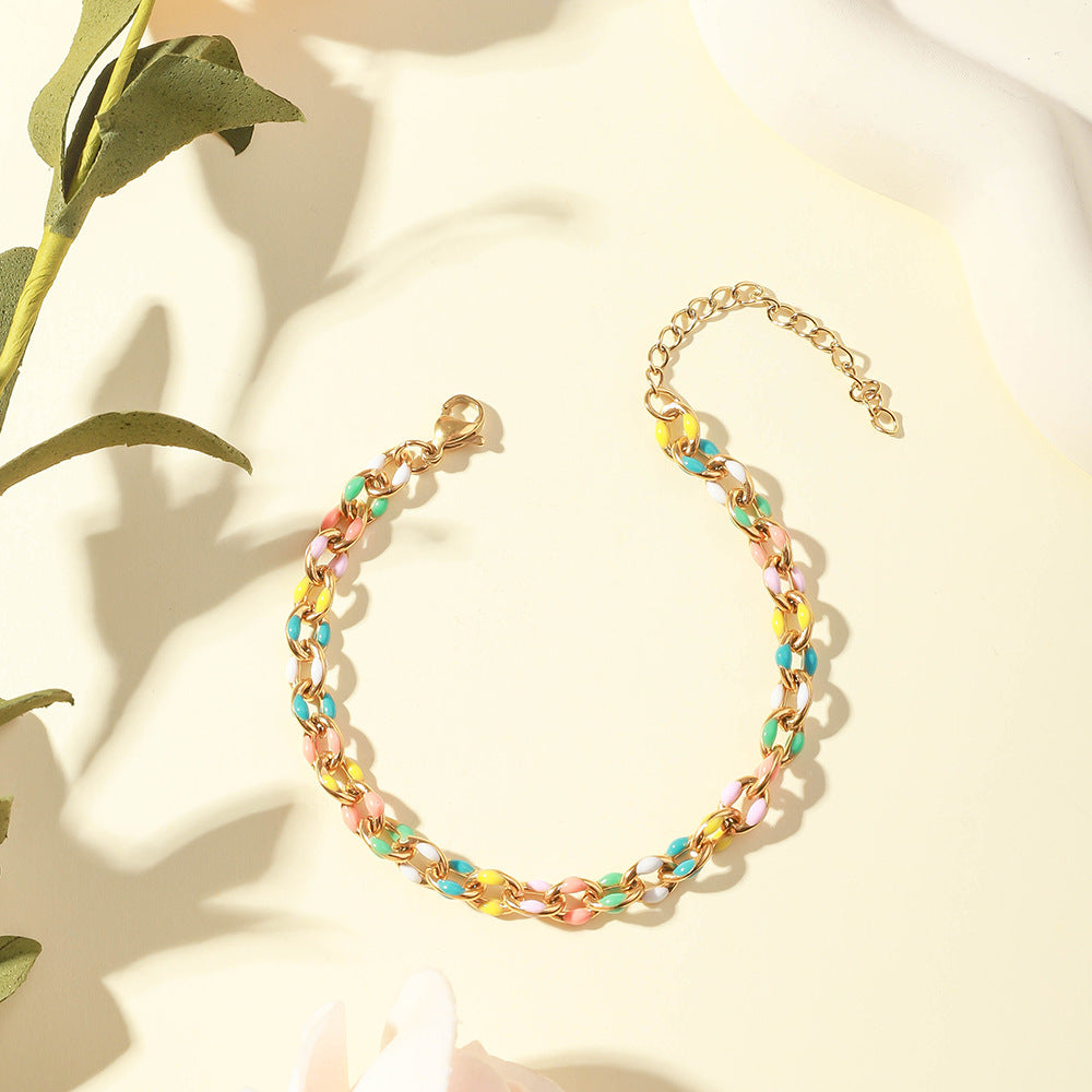 Cross-border special supply of personalized color drip stainless steel necklace, stainless steel cross bracelet, Epoxy pastoral anklet