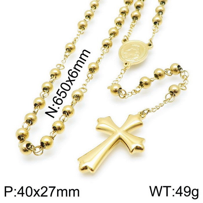 Cross-border European and American ins stainless steel niche design cross retro round bead necklace titanium steel collarbone chain necklace decoration women