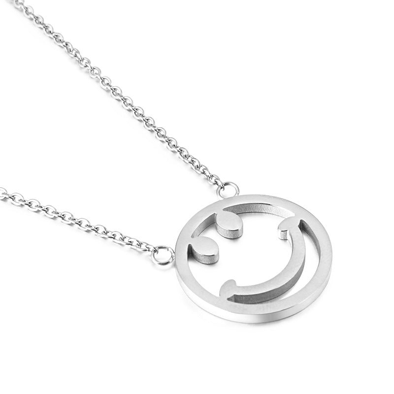 Classic Smile Round Hollow Pendant Stainless Steel Necklace Cute Smiley Collarbone Chain Titanium Steel Plated 18K Gold Jewelry