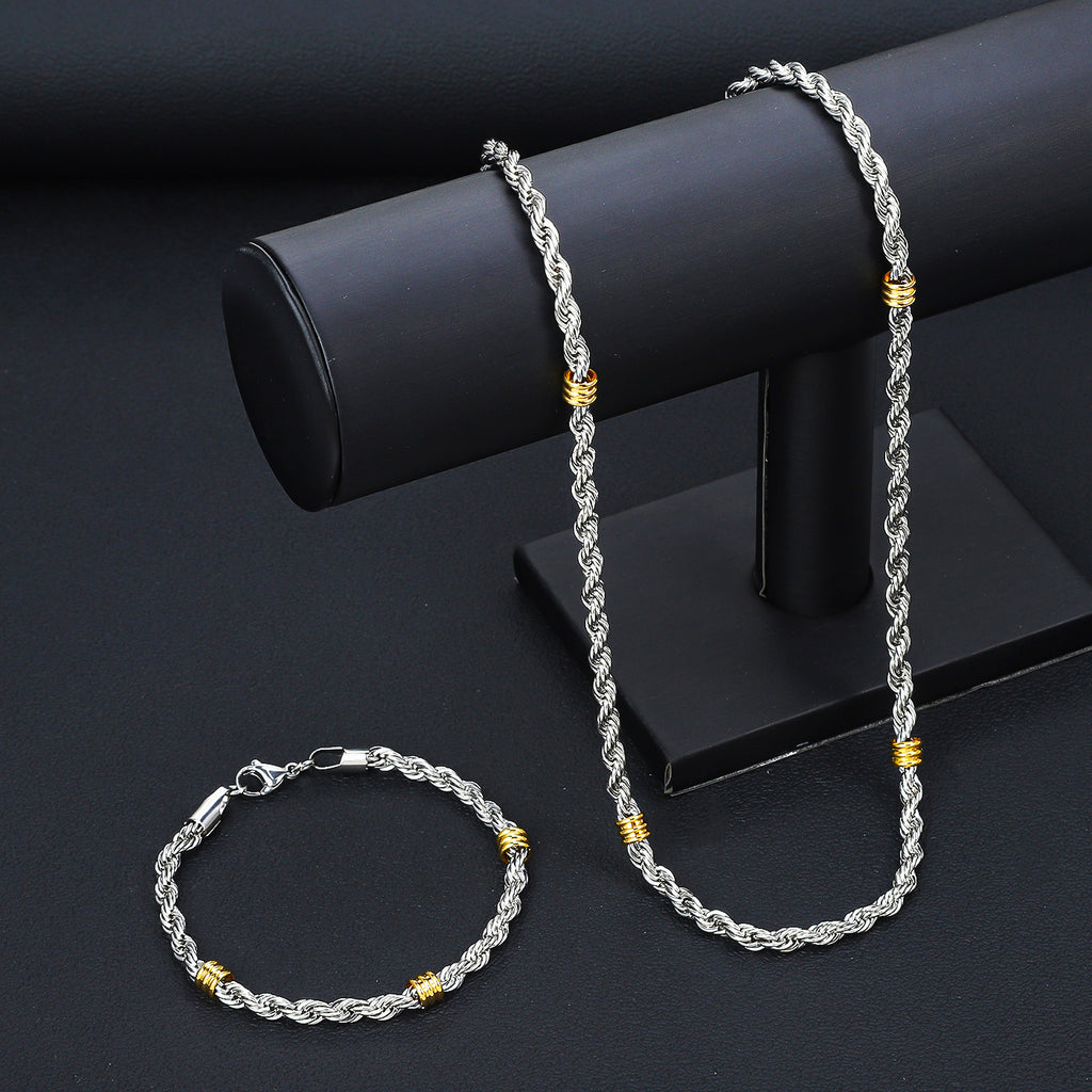 Cross-border stainless steel twist chain string gold bead necklace, titanium steel long necklace men's simple 5.0mm twist bracelet