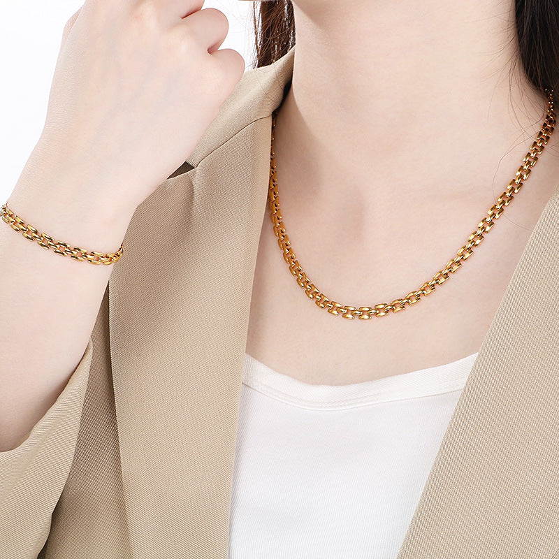 ins fashion high-end versatile bracelet necklace plated with 18k gold light luxury hollow square titanium steel set accessories