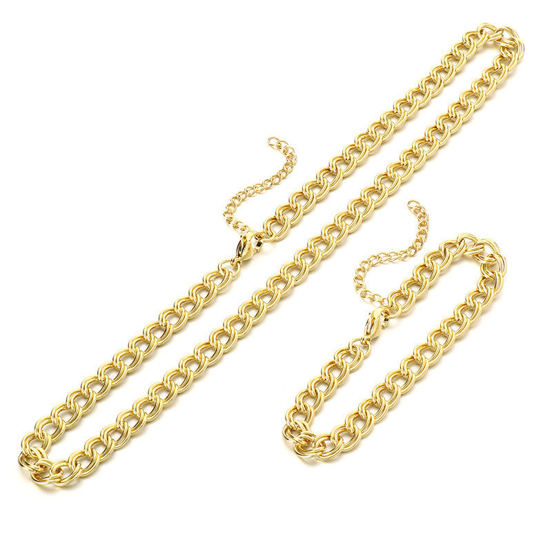 European and American cross-border jewelry stainless steel double-circle side chain women's INS style personalized hip-hop 18K gold collarbone chain necklace