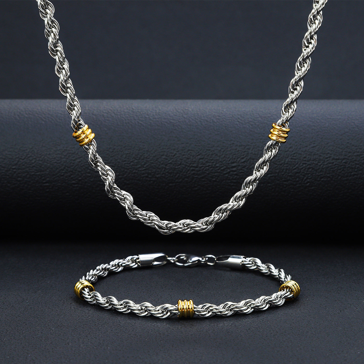 Cross-border stainless steel twist chain string gold bead necklace, titanium steel long necklace men's simple 5.0mm twist bracelet