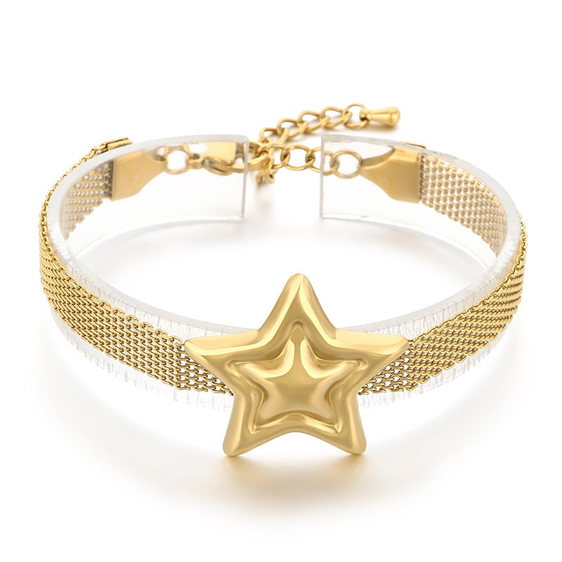 Fashion Creative Personality Stainless Steel Gold Braided Mesh Strap Chain Pentagram Pendant Bracelet Jewelry