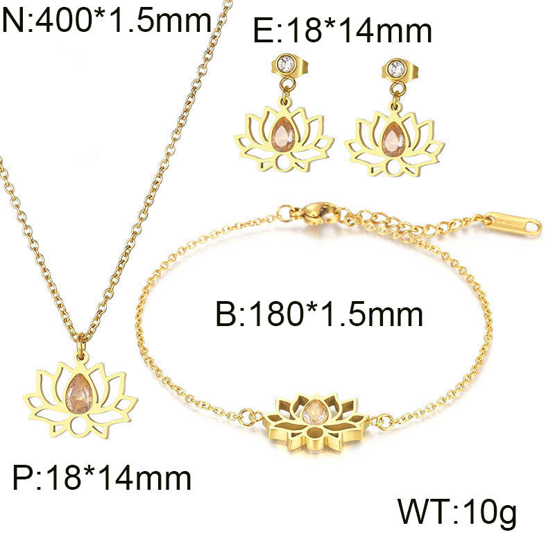Cross-border new stainless steel zircon lotus set, creative hollow flower water drop stone pendant jewelry three-piece set