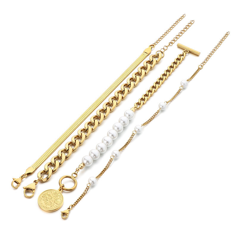 New products stacked with personalized splicing irregular Cuban snake bone chain bracelet four-piece fashionable stainless steel bracelet bracelet jewelry