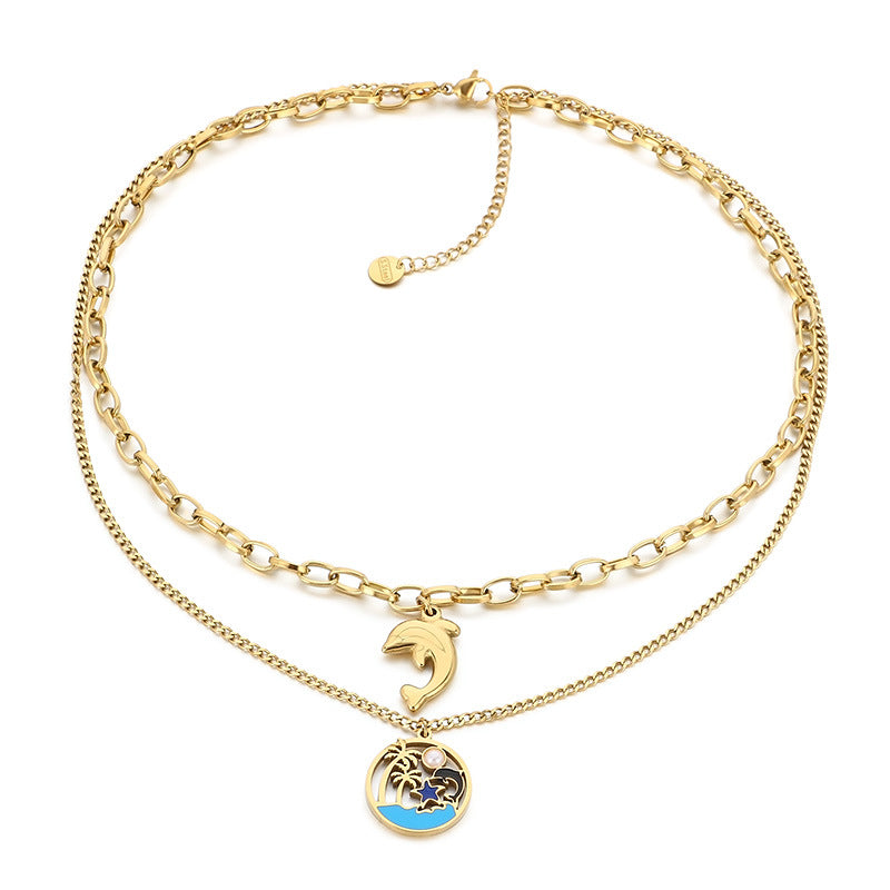 European and American Ocean Wind Coconut Tree Round Brand Necklace Women's Hollow Pearl Turquoise Stainless Steel Starfish Double Clavicle Chain