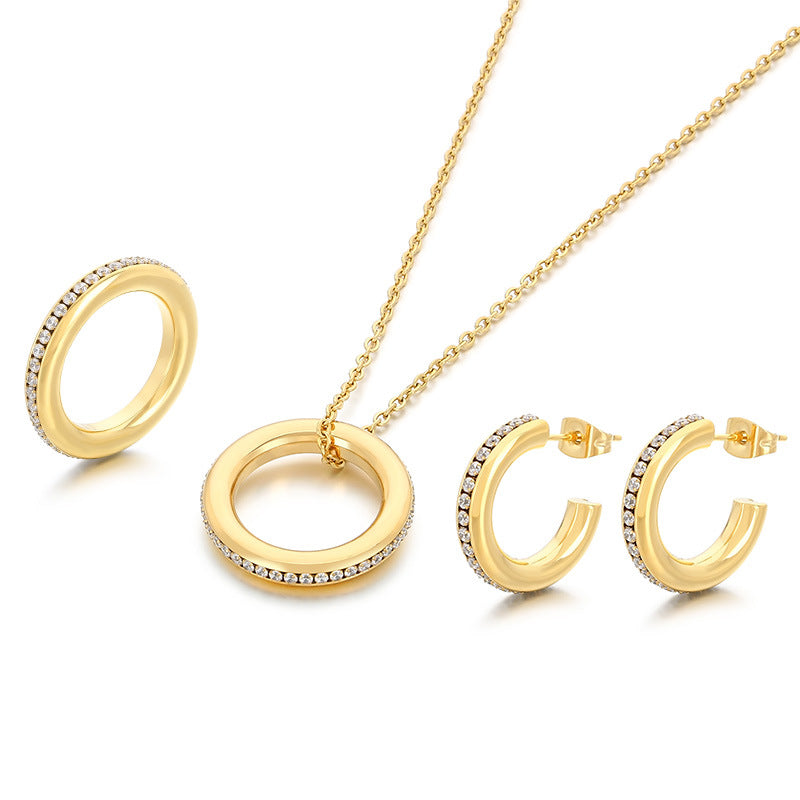 Cross-border fashion personality with diamond-set c-shaped pendant set ins temperament stacking chain titanium steel necklace earrings ring