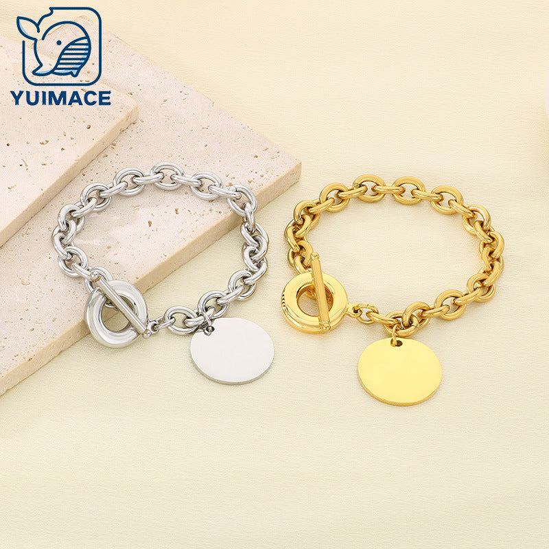 New titanium steel high-grade stainless steel OT buckle big round brand pendant bracelet OT buckle popular lettering titanium steel bracelet