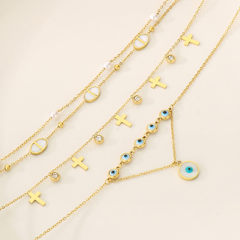 Cross-border stainless steel devil's eye cross anklet ins wind 18k gold foot pendant premium bare anklet jewelry