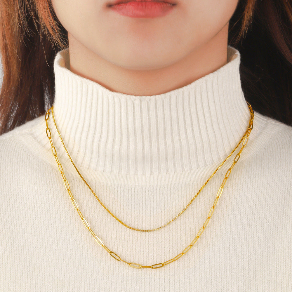 European and American cross-border stainless steel double-layer stacked necklace paperclip chain necklace box chain collarbone chain titanium steel necklace