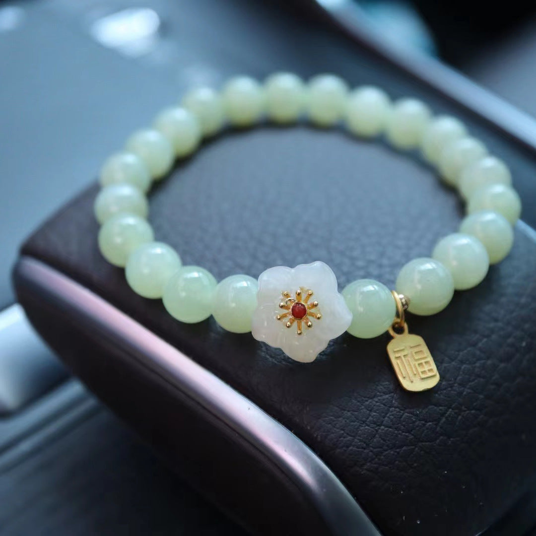 天然8MM和田玉圆珠单圈手链S925银镀金隔片两世欢手串