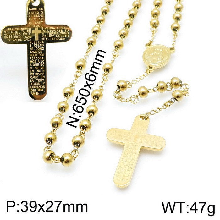Cross-border European and American ins stainless steel niche design cross retro round bead necklace titanium steel collarbone chain necklace decoration women