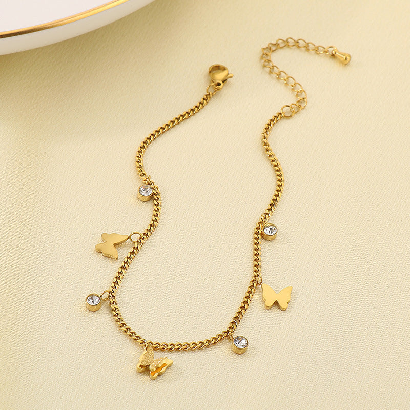 Stylish and simple stainless steel inlaid zircon pearl butterfly double-layer stacked foot jewelry, high-grade bare anklet, versatile lucky