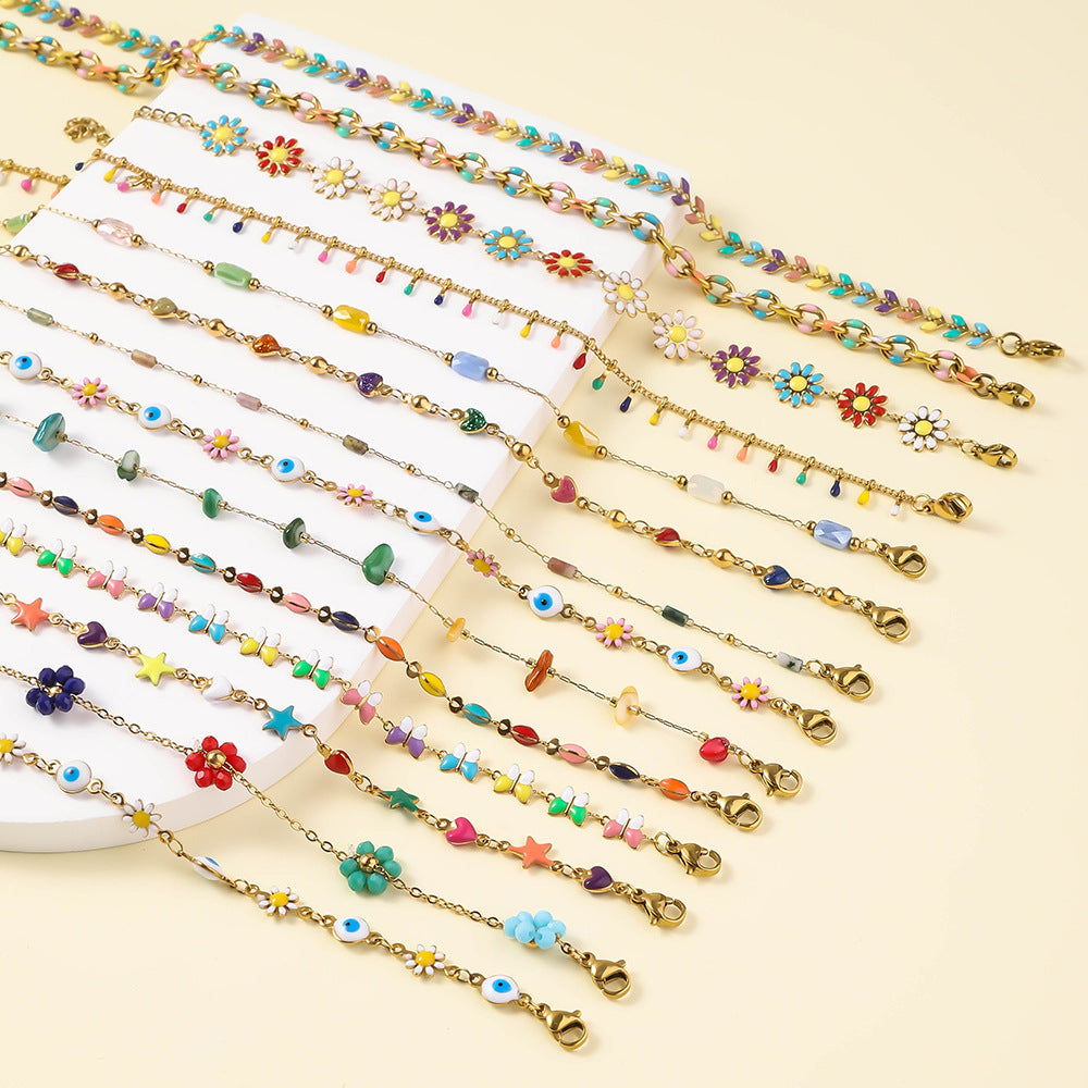 Cross-border dripping stainless steel necklace ladies simple temperament titanium steel collarbone chain painted flower bracelet necklace wholesale