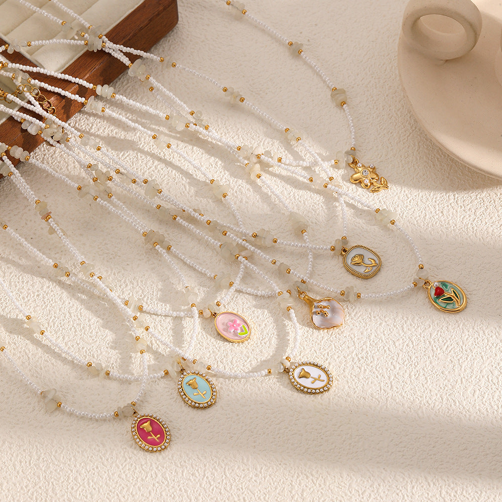 Gold Rose Charm Natural Stone Bead Pendant Necklace