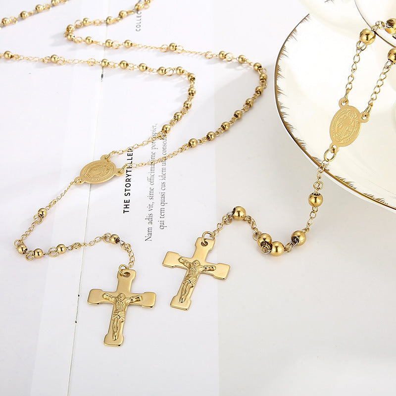 Cross-border titanium steel jewelry, stainless steel rosary necklace cross gold-plated 18K round bead cross necklace men's and women's jewelry
