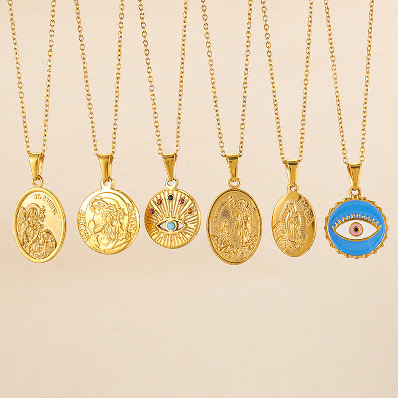 European and American cross-border blue diamond-encrusted eyes Virgin portrait pendant stainless steel retro tag DIY jewelry simple