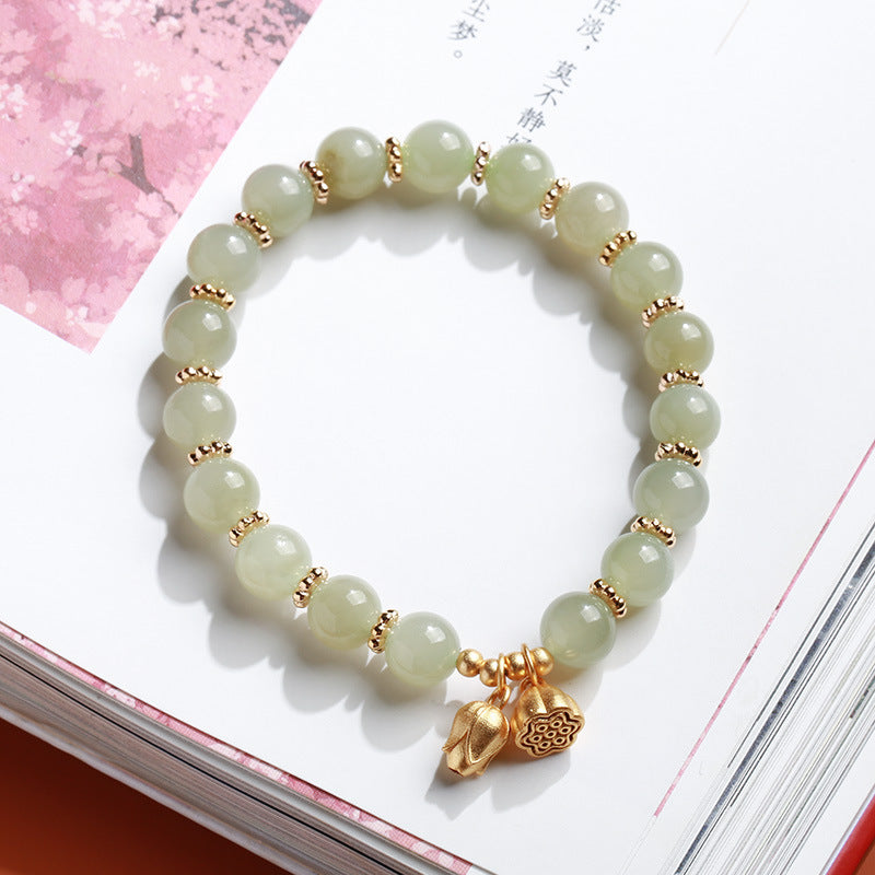 天然8MM和田玉圆珠单圈手链S925银镀金隔片两世欢手串