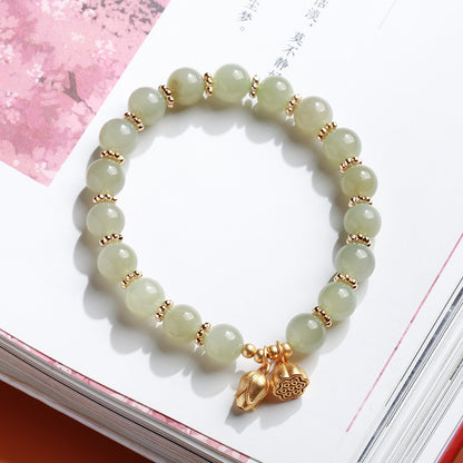 天然8MM和田玉圆珠单圈手链S925银镀金隔片两世欢手串