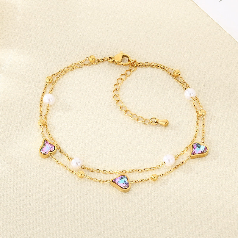 Korean version of light luxury high-end color stone love layered double-layer pearl stainless steel anklet women's versatile chain foot ornament