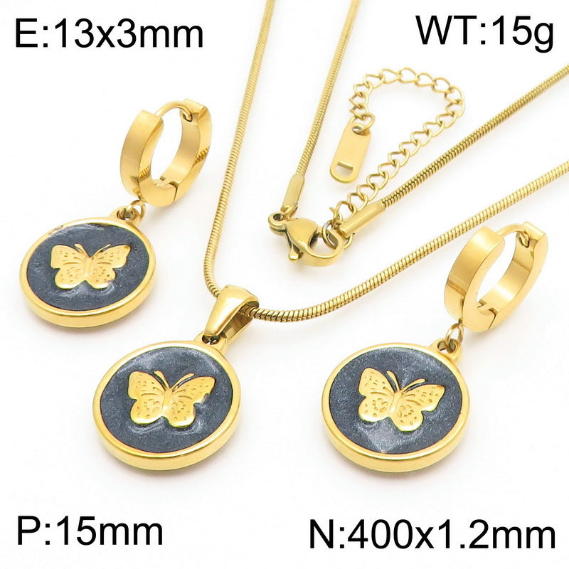 Cross-border fashion pattern butterfly rose pendant three-dimensional stainless steel collarbone chain black and white round drop ear buckle set