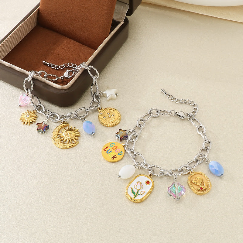 ins style high-end sense versatile 18K gold stainless steel star moon tulip chain versatile high-end sense bracelet for women