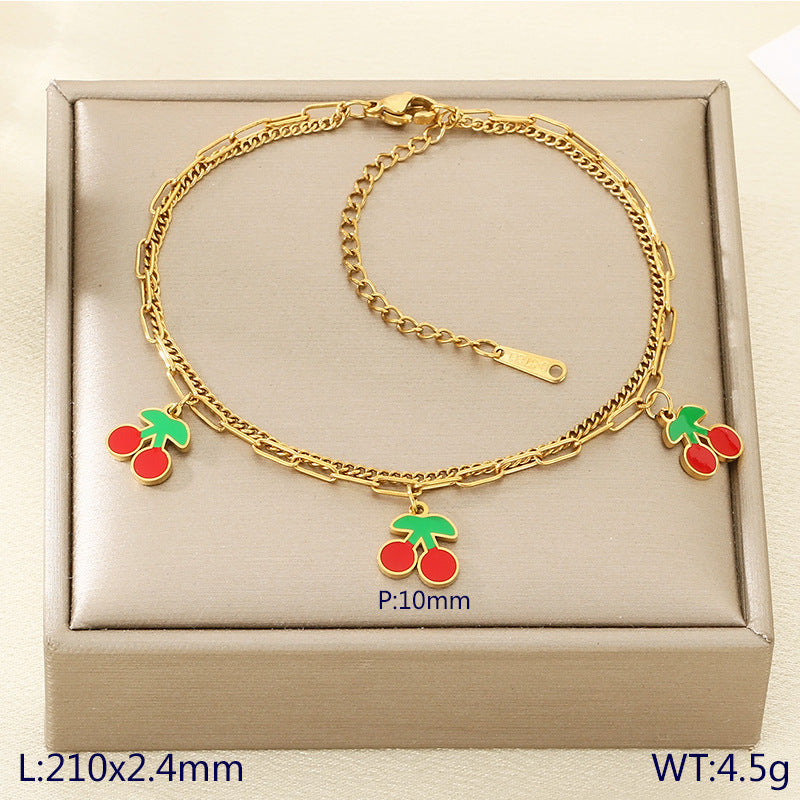 New fresh and sweet fruit series cherry strawberry apple dragon fruit pendant stainless steel double layer stacked anklet