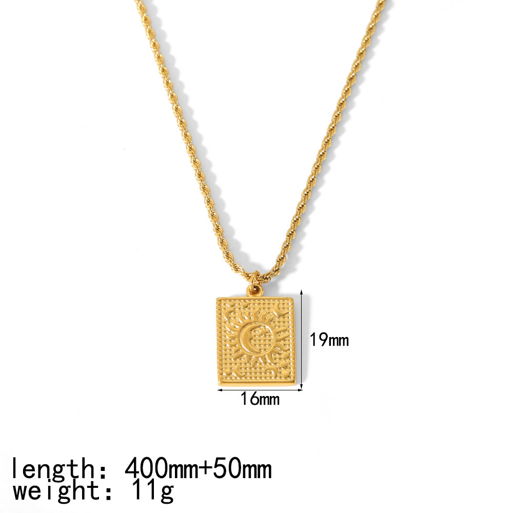 Cross-border new product French retro design 18K gold-plated stainless steel square brand sun pendant fashion temperament necklace women