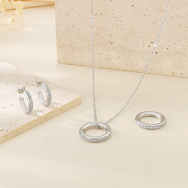 Cross-border fashion personality with diamond-set c-shaped pendant set ins temperament stacking chain titanium steel necklace earrings ring