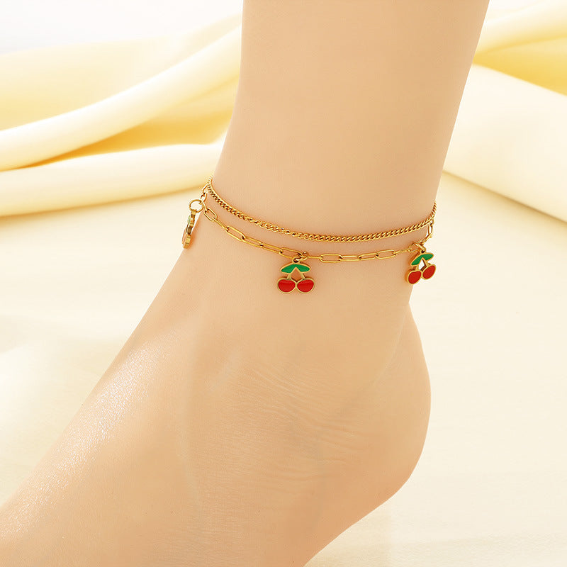 New fresh and sweet fruit series cherry strawberry apple dragon fruit pendant stainless steel double layer stacked anklet