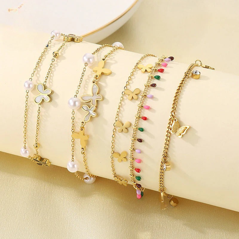 Gold Butterfly & Pearl Layered Anklet