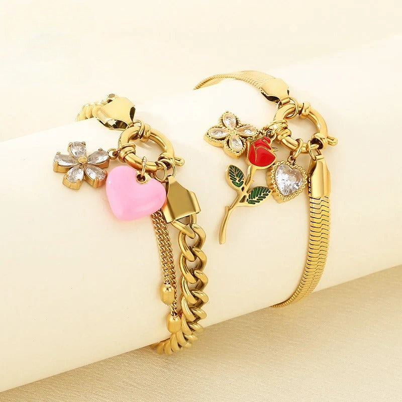 Gold Heart & Flower Charm Bracelet – Adjustable Chain