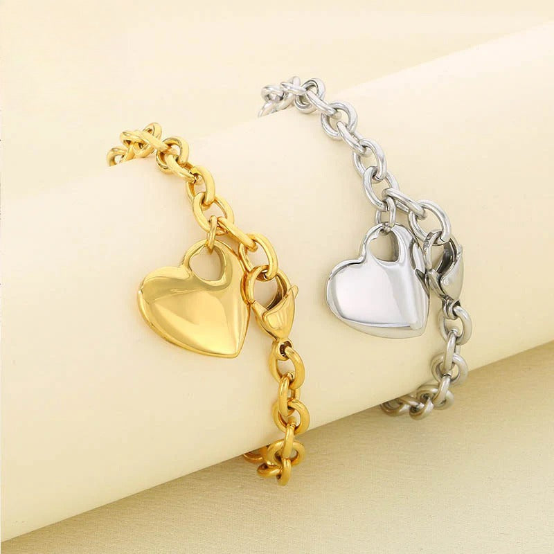 Gold & Silver Heart Charm Chain Bracelet
