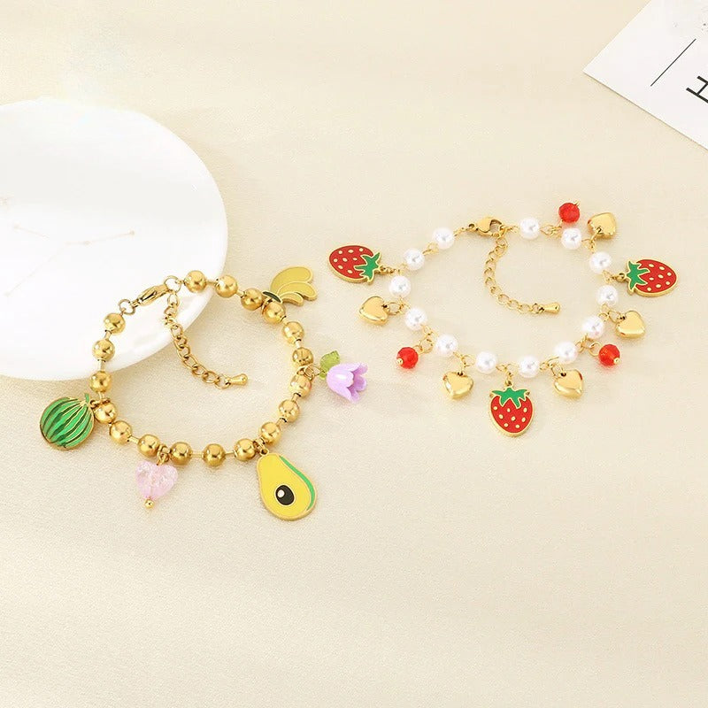 Gold Fruit Charm Beaded Bracelet
