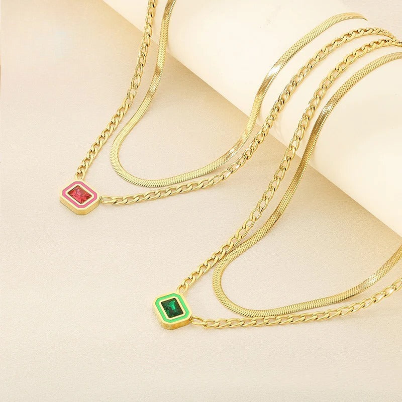 Gold Layered Chain Necklace with Square Gem Pendant