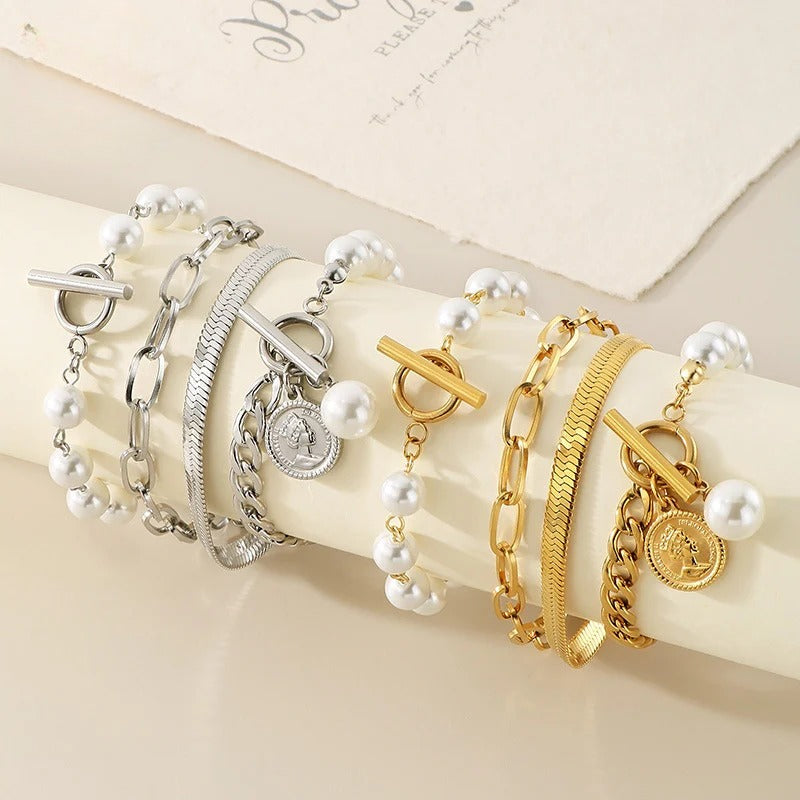 Gold & Silver Layered Pearl Chain Bracelet