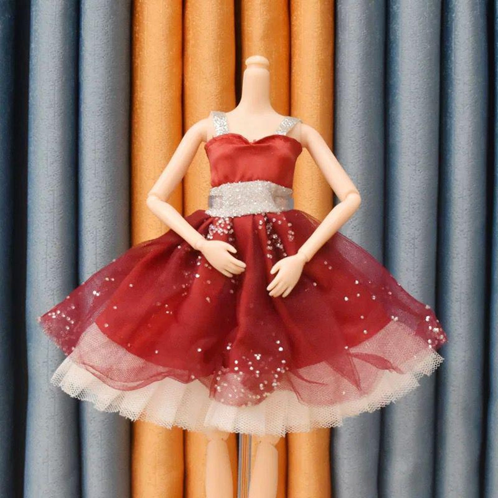 30cm Doll Ball Gown Dress with Strap – Princess Dress Outfit for 12 Inch Doll – Pink Purple Red Tulle Skirt, Handmade Doll Clothes Gift