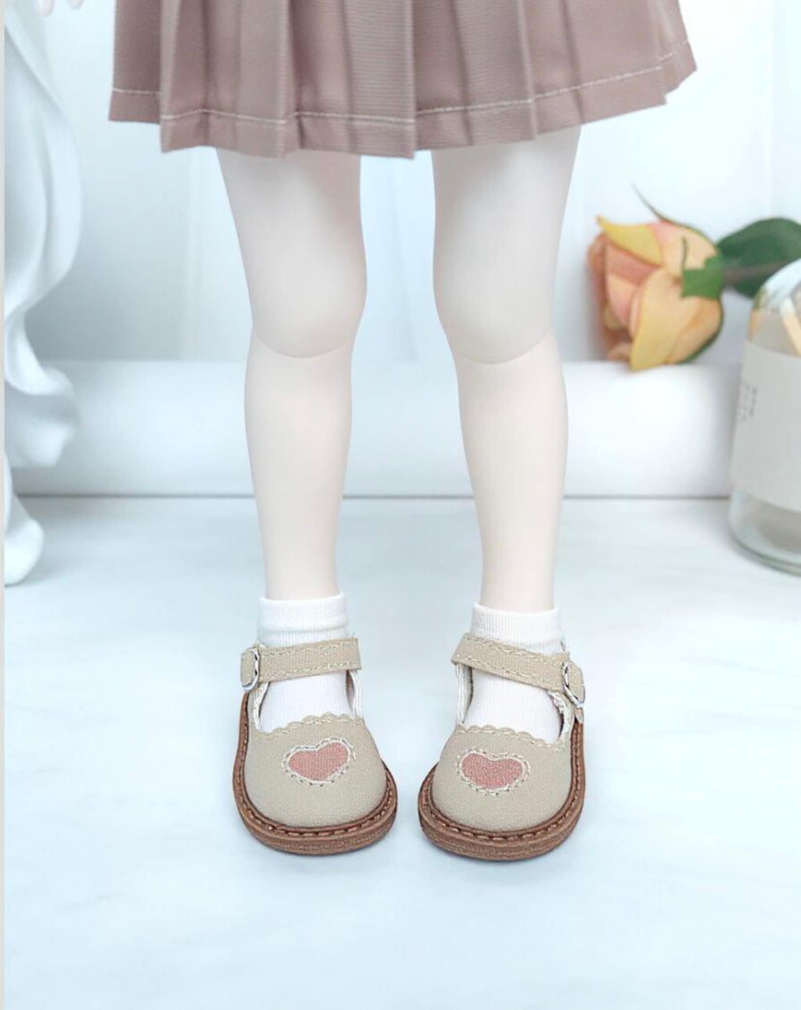 BJD Doll Mary Jane Shoes with Heart Detail – 1/4 & 1/6 Doll Shoes, Cute Handmade Style, Brown Pink Gray, MSD YOSD Doll Accessories