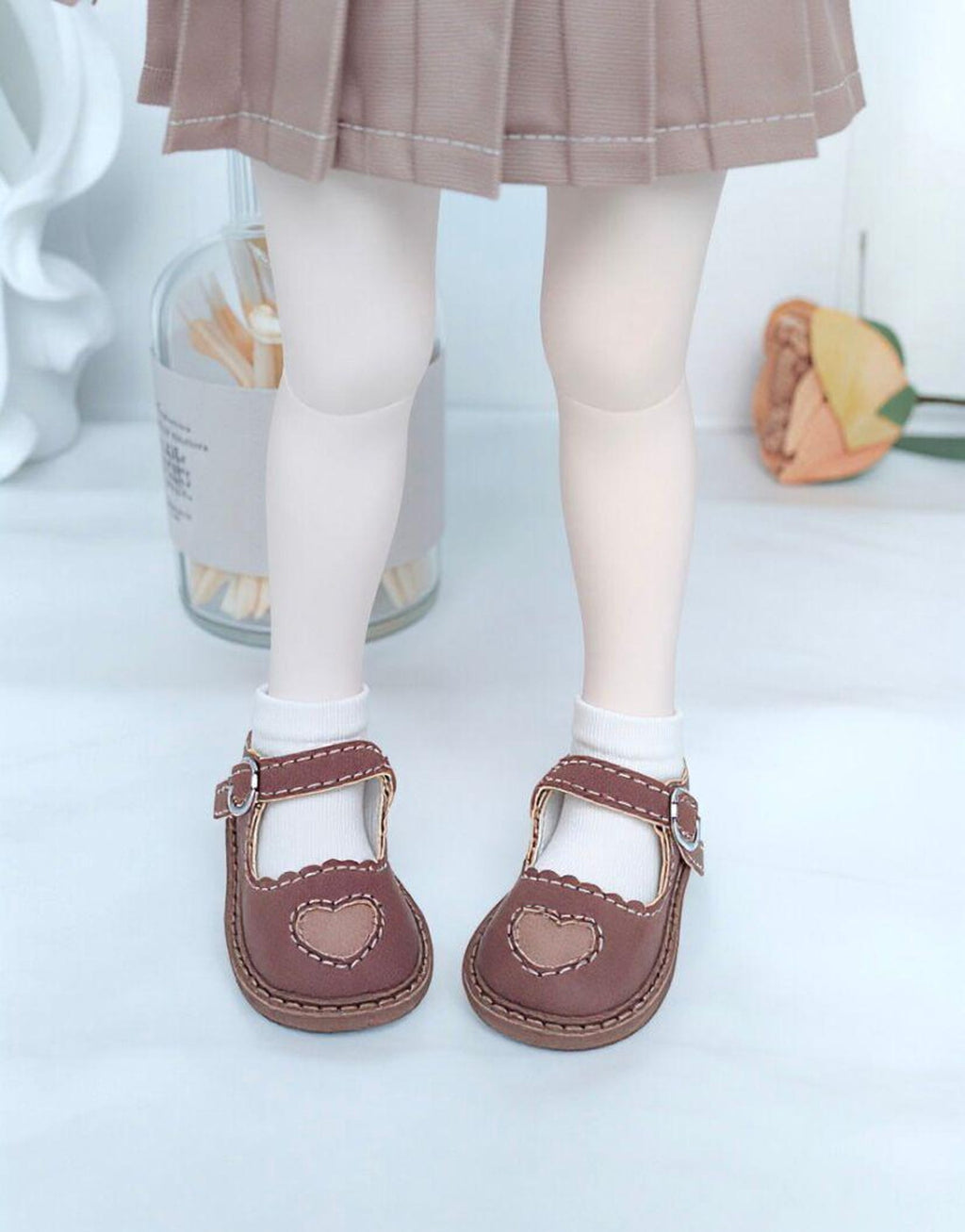 BJD Doll Mary Jane Shoes with Heart Detail – 1/4 & 1/6 Doll Shoes, Cute Handmade Style, Brown Pink Gray, MSD YOSD Doll Accessories