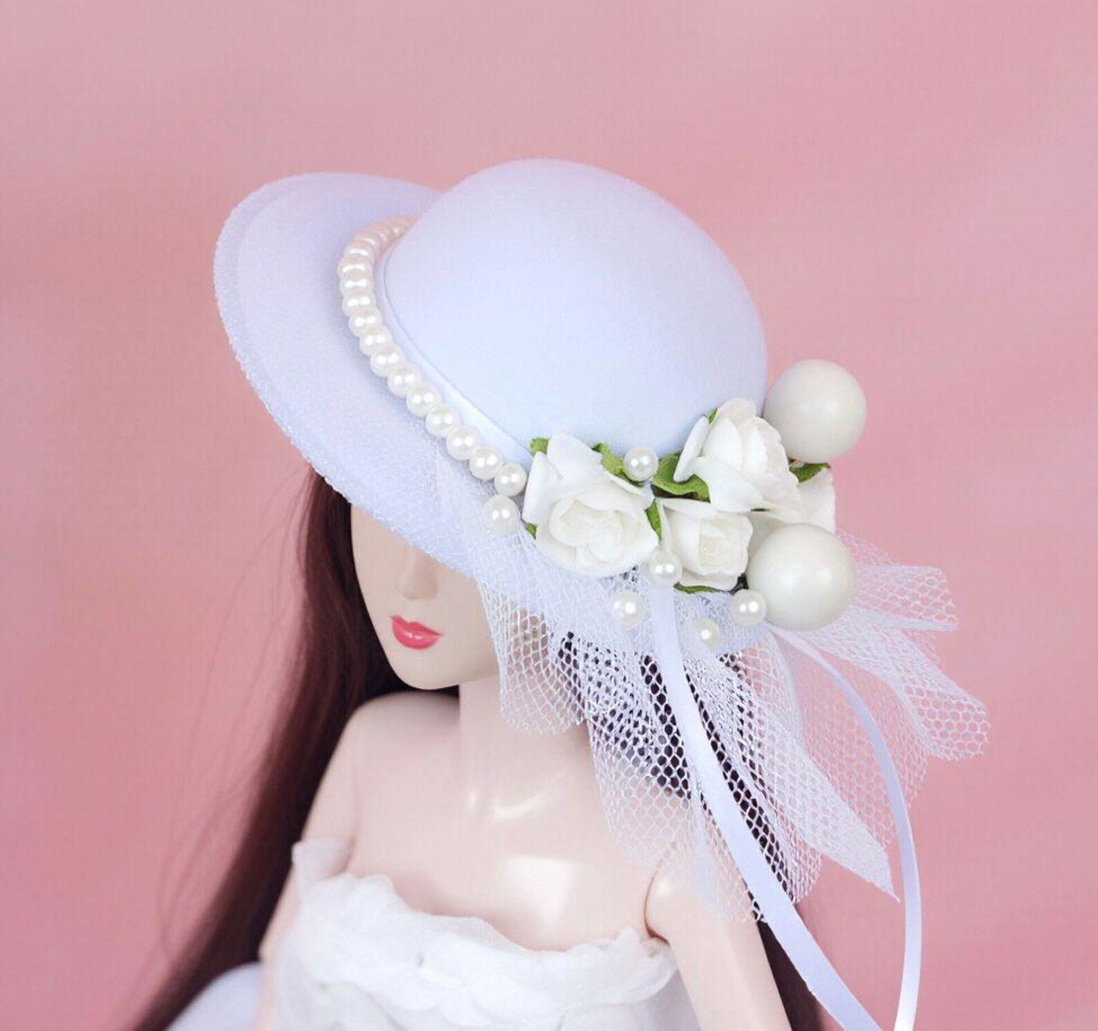 Princess Doll Hat for 12 Inch Dolls, Floral Pearl Doll Hat, Wedding Doll Accessories, Handmade Doll Hat for 30cm Dolls, Doll Dress Up Access