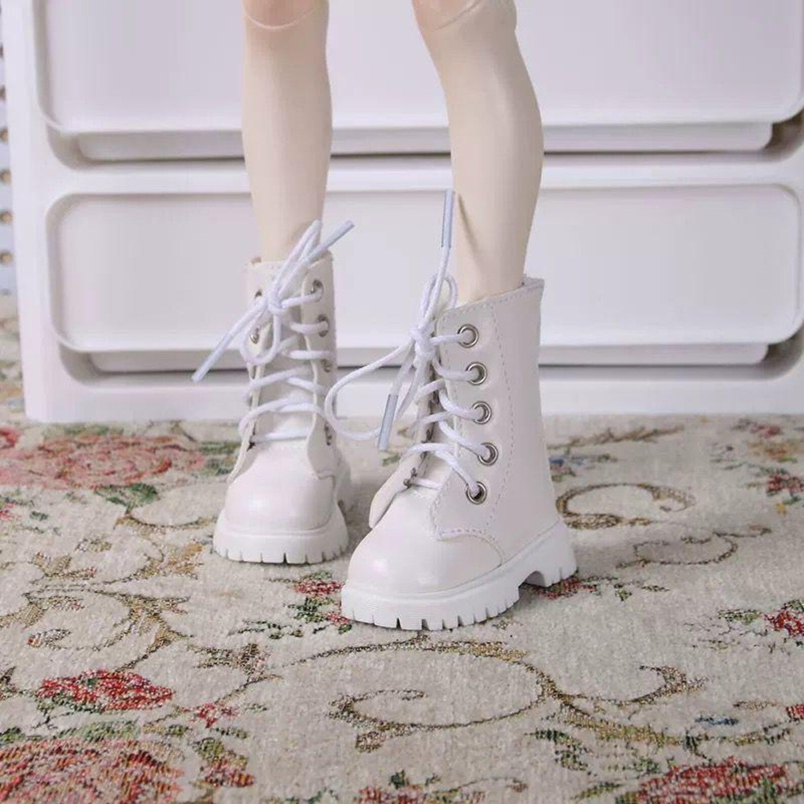 BJD Doll Combat Boots 1/4 MSD – Lace Up Doll Boots, Unisex Work Boots Style, Black White Khaki Gray Doll Shoes